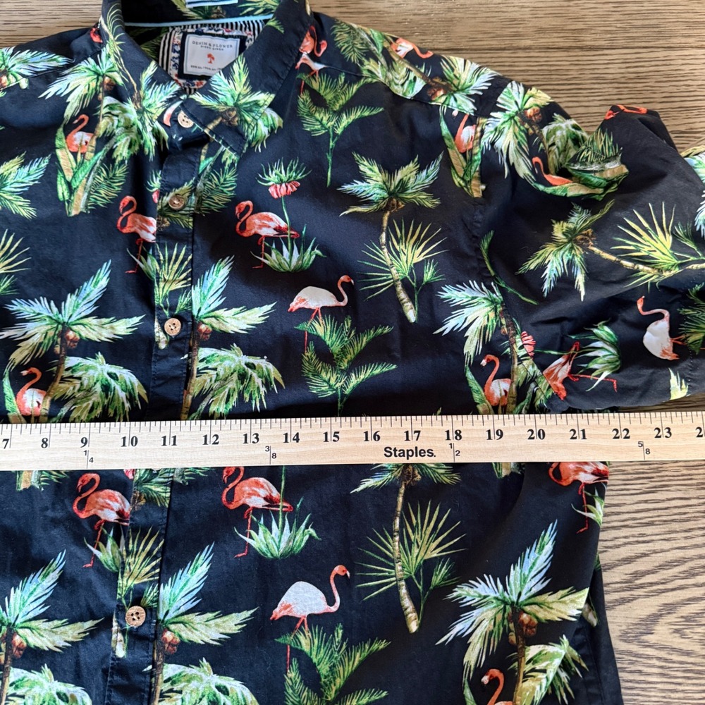 Denim & Flower Flamingo Palm Tree Tropical Button Down Shirt Black XL Slim Fit - Picture 6 of 11